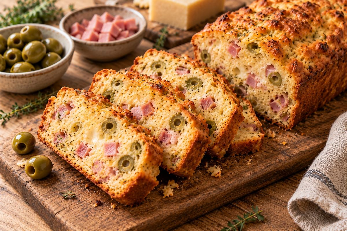 Tranches de cake salé moelleux aux olives vertes et dés de jambon disposées sur une planche pour l'apéritif