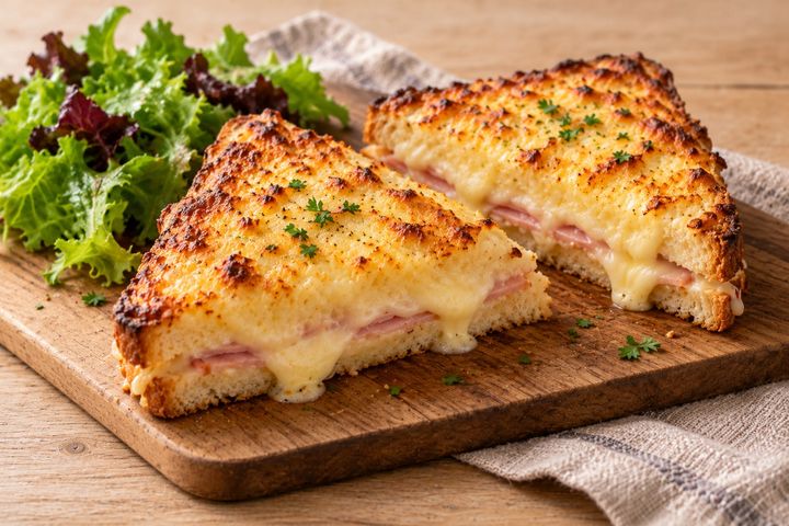 Deux croque-monsieur au four dorés coupés en triangles, jambon et emmental gratinés, sur une planche en bois avec de la salade verte