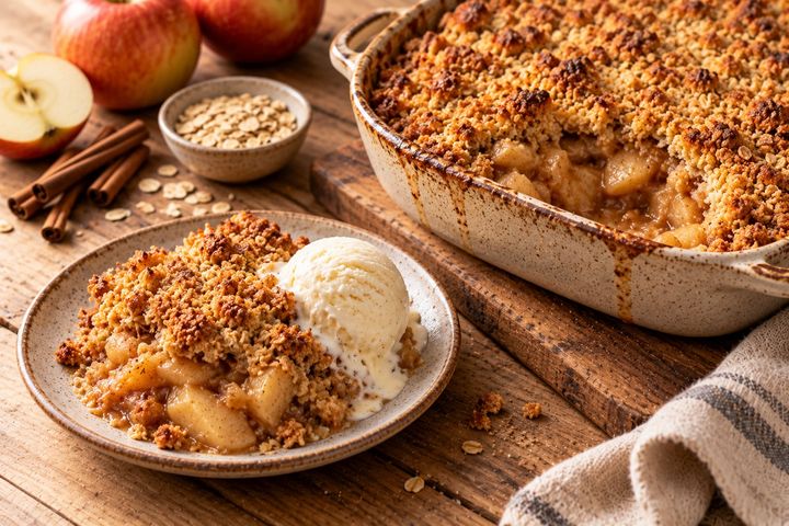 Plat de crumble aux pommes doré et croustillant, une portion servie dans une assiette avec une boule de glace à la vanille