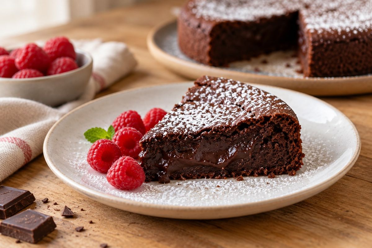 Part de fondant au chocolat noir au cœur moelleux, saupoudrée de sucre glace sur une assiette blanche