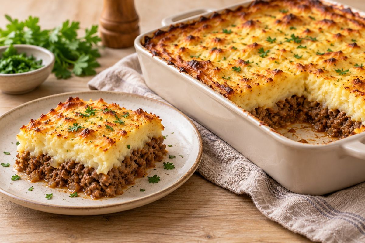 Plat à gratin de hachis parmentier doré au four, une part servie montrant la couche de bœuf haché sous la purée