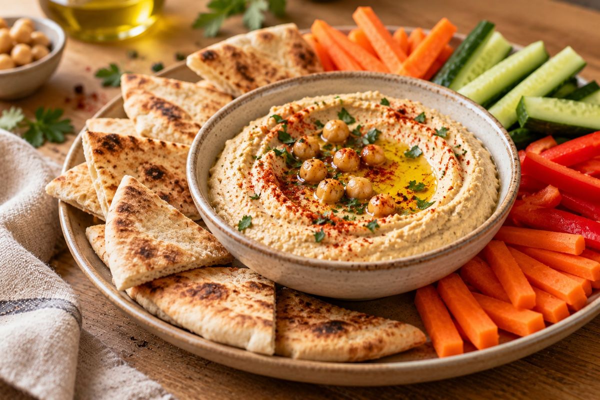 Bol de houmous maison arrosé d’huile d’olive et de paprika, entouré de pains pita et de bâtonnets de légumes