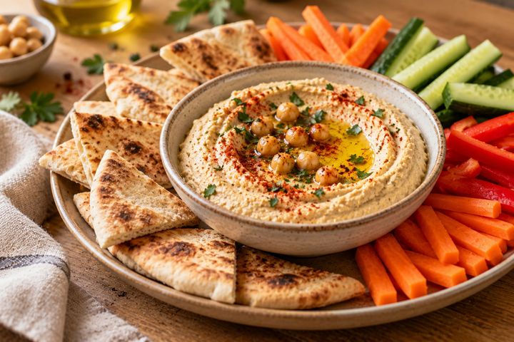 Bol de houmous maison arrosé d’huile d’olive et de paprika, entouré de pains pita et de bâtonnets de légumes