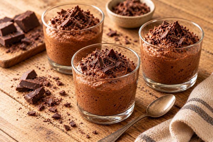 Verrines de mousse au chocolat noir aérienne décorées de copeaux de chocolat, posées sur une table claire