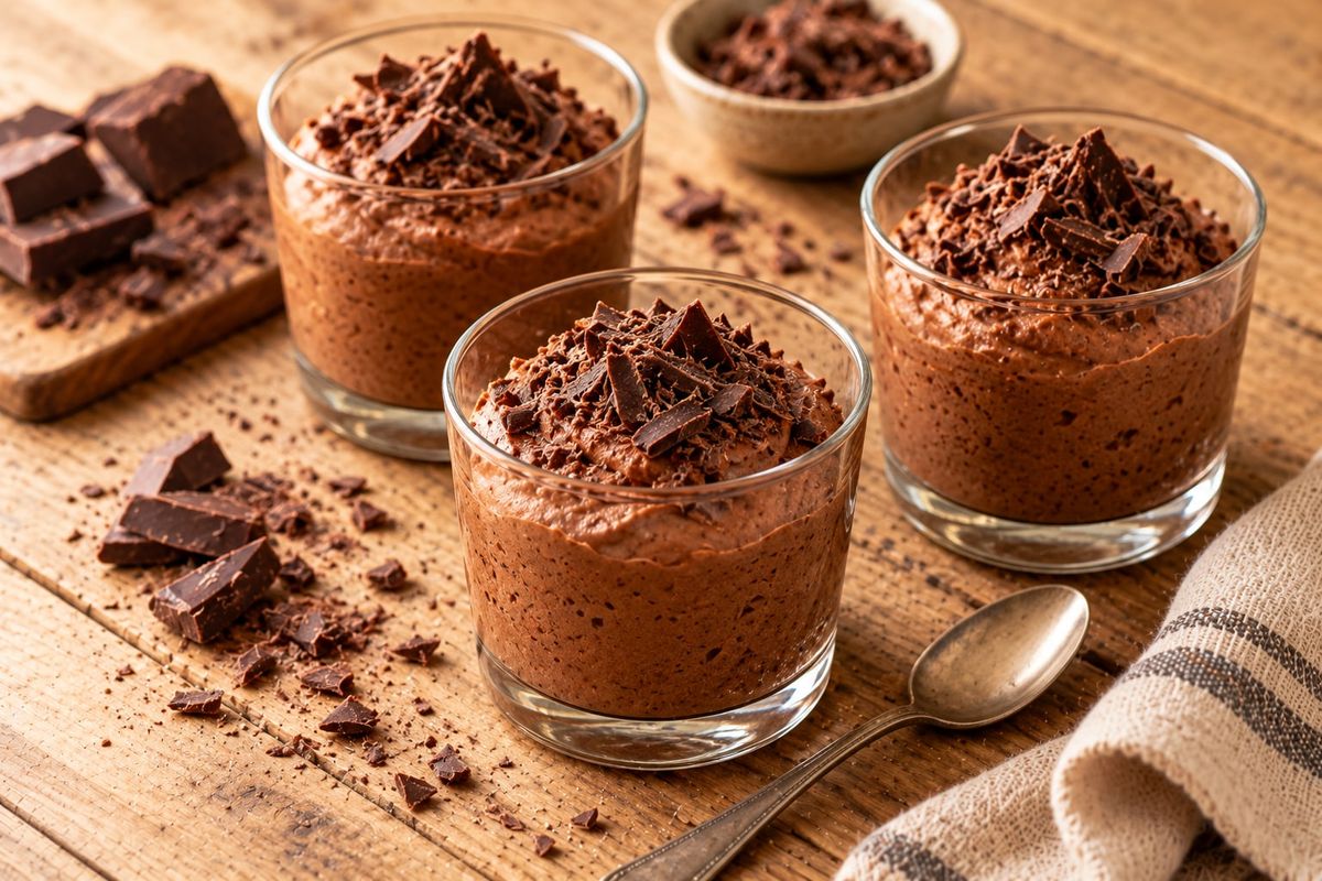 Verrines de mousse au chocolat noir aérienne décorées de copeaux de chocolat, posées sur une table claire