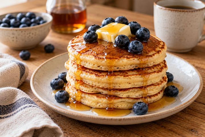 Pile de pancakes moelleux arrosés de sirop d’érable et garnis de myrtilles fraîches