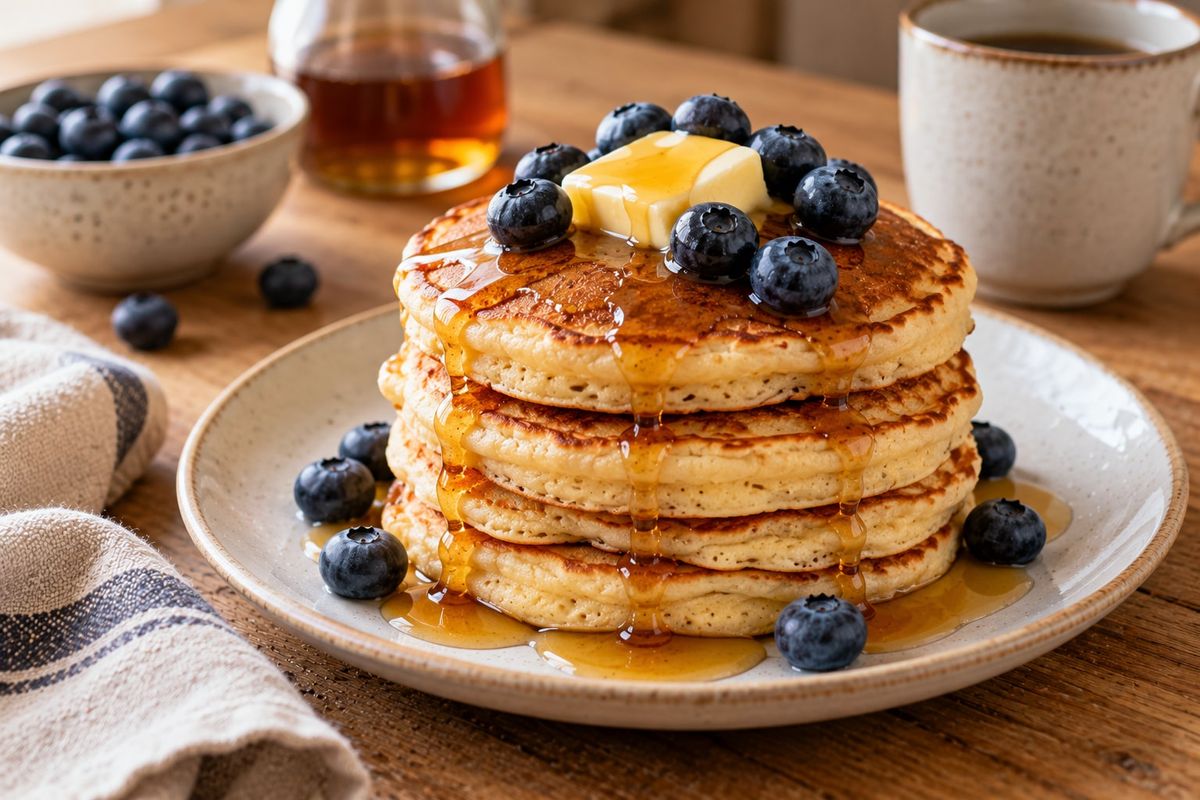 Pile de pancakes moelleux arrosés de sirop d’érable et garnis de myrtilles fraîches