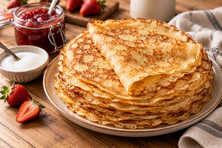 Pile de crêpes maison fines et dorées sur une assiette, accompagnées d'un pot de confiture et de sucre en poudre
