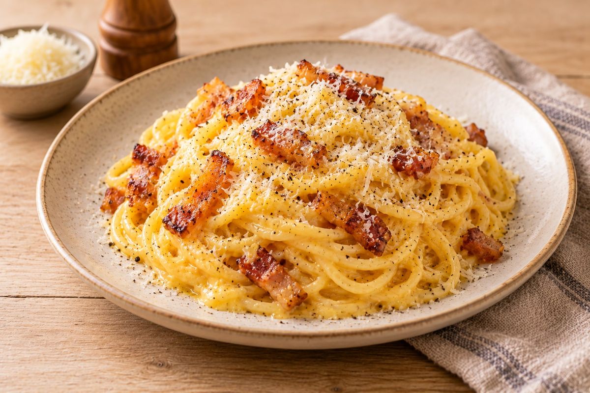 Assiette de spaghetti carbonara à la sauce jaune crémeuse, morceaux de guanciale grillé, pecorino râpé et poivre noir