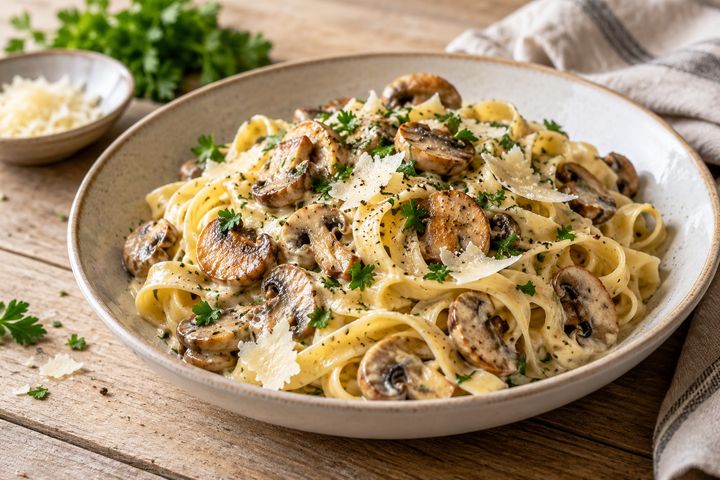 Assiette de tagliatelles à la sauce crémeuse aux champignons, parsemées de persil et de parmesan