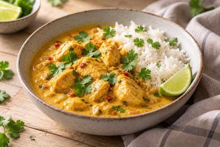 Bol de poulet au curry et lait de coco servi avec du riz basmati et de la coriandre fraîche