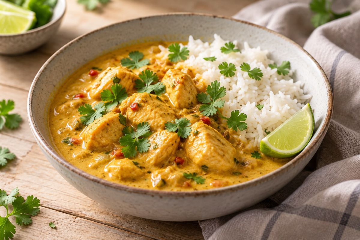 Bol de poulet au curry et lait de coco servi avec du riz basmati et de la coriandre fraîche