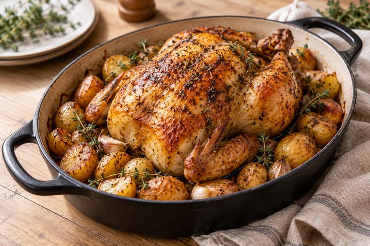 Poulet rôti au four à la peau dorée et croustillante dans une cocotte en fonte, entouré de pommes de terre grenaille rôties, d’ail et de thym