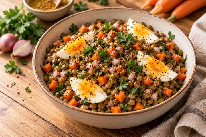 Saladier de salade de lentilles vertes aux dés de carotte, échalote et persil, servie ici avec des quartiers d’œufs durs en option