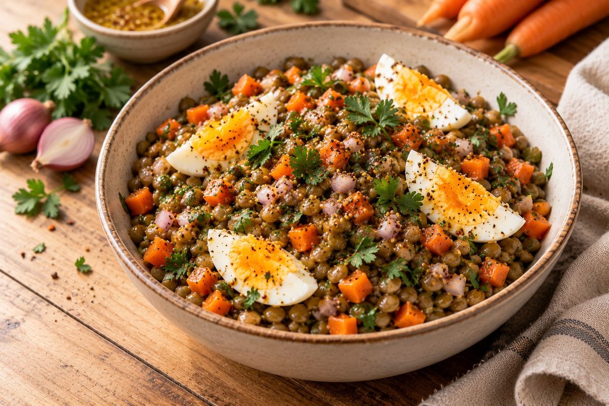 Saladier de salade de lentilles vertes aux dés de carotte, échalote et persil, servie ici avec des quartiers d’œufs durs en option