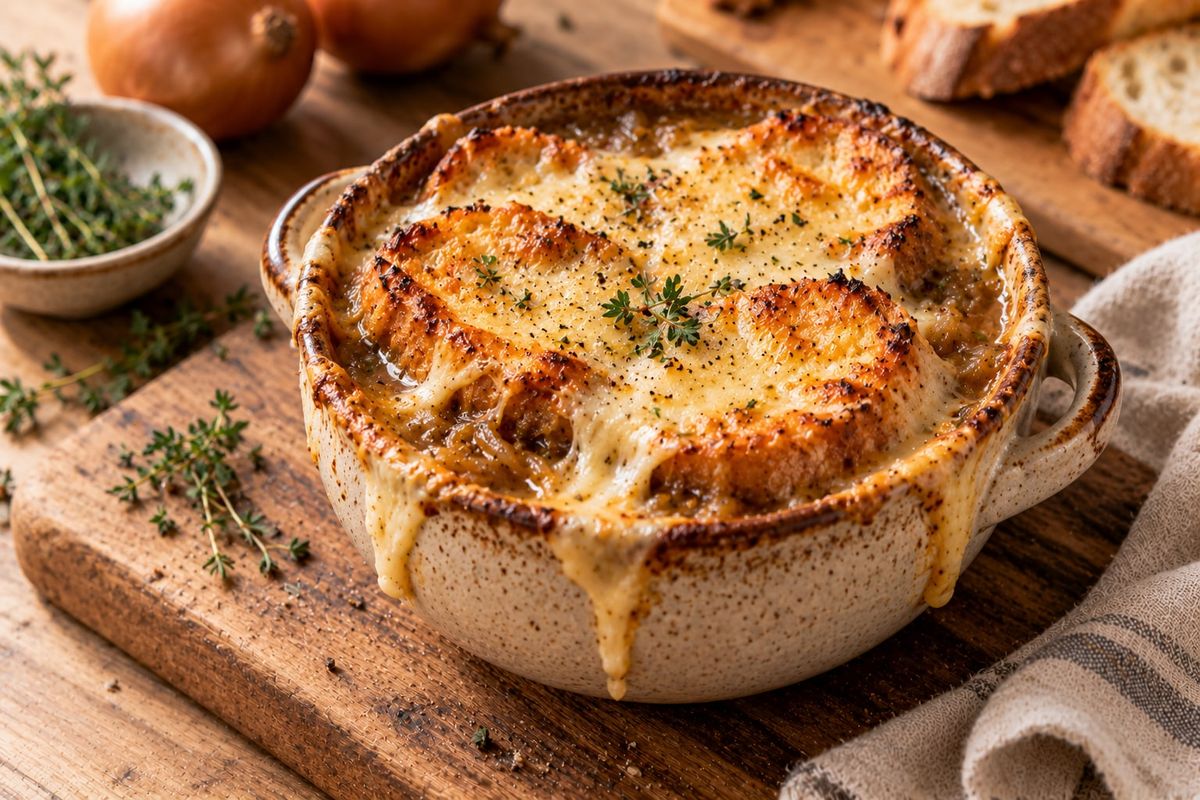 Bol de soupe à l'oignon gratinée au comté fondu et doré qui déborde sur les bords, posé sur une planche en bois