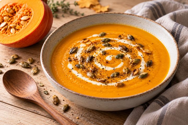 Bol de velouté de potimarron orange décoré d’un trait de crème et de graines de courge grillées