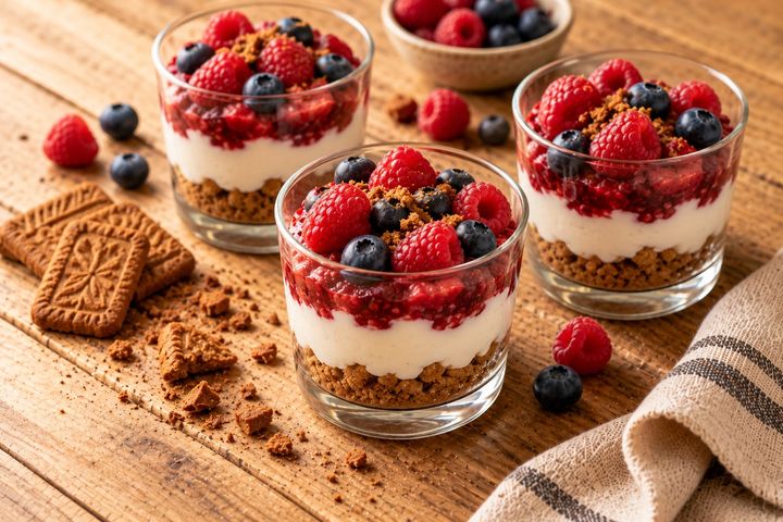 Verrines en couches de spéculoos émiettés, yaourt grec blanc et fruits rouges frais, framboises et myrtilles sur le dessus